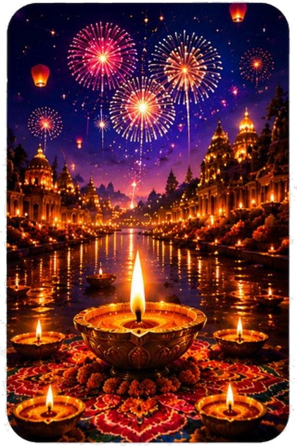 A festive Diwali night scene featuring a grand temple complex reflected in water, with fireworks and sky lanterns illuminating the sky.