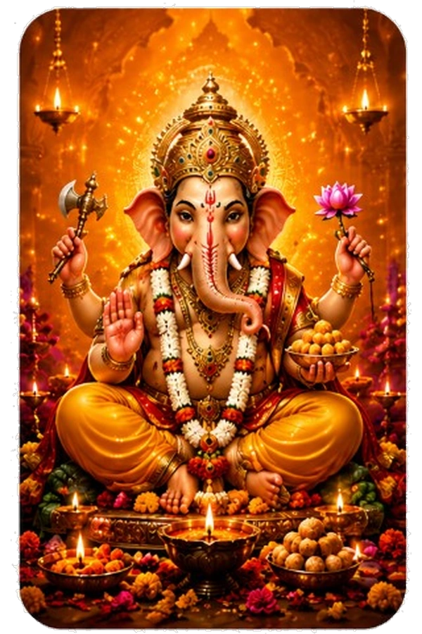 Ornate illustration of Lord Ganesh seated among glowing oil lamps and flower petals, set against a warm golden background for Ganesh Chaturthi.