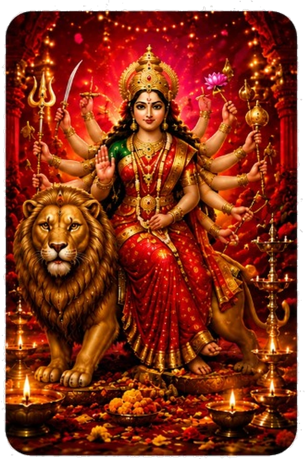 Powerful depiction of Goddess Durga seated on a lion, holding traditional weapons against a vibrant red festive background for Navratri.